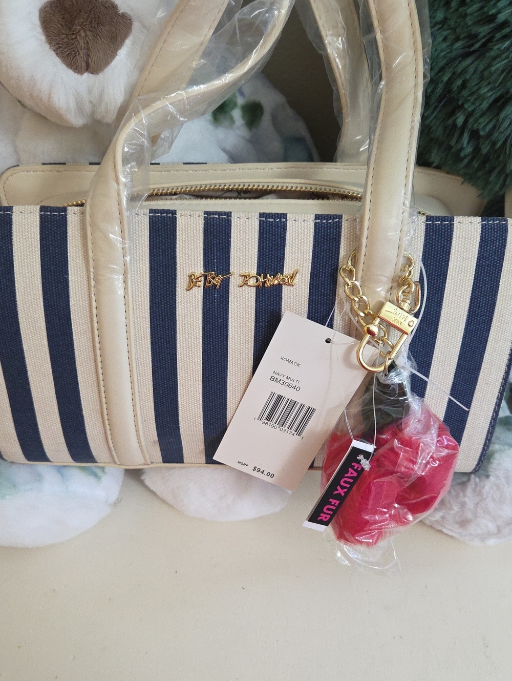 NWT Betsey Johnson Navy & Cream Striped Shoulder bag with Red Fur Charm